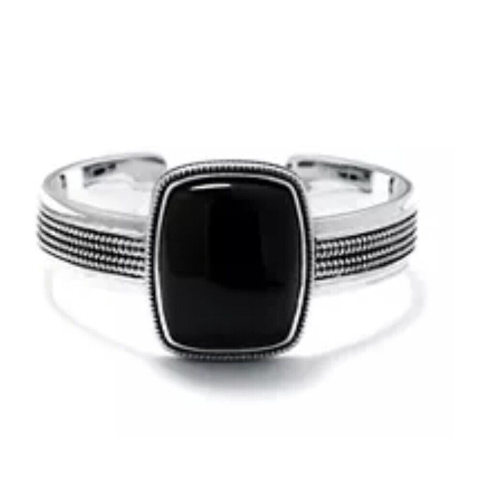 Sterling Silver, Rope-Edge, Bezel Set Black Chalcedony, Wide Cuff Bracelet 7"